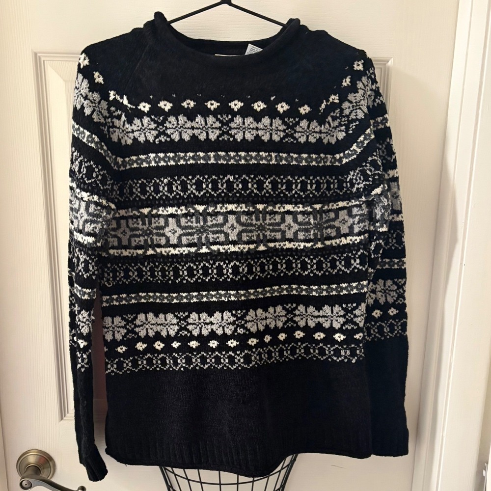 Cherokee Fair Isle Sweater Women's Medium Black Gray Nordic Crew Neck